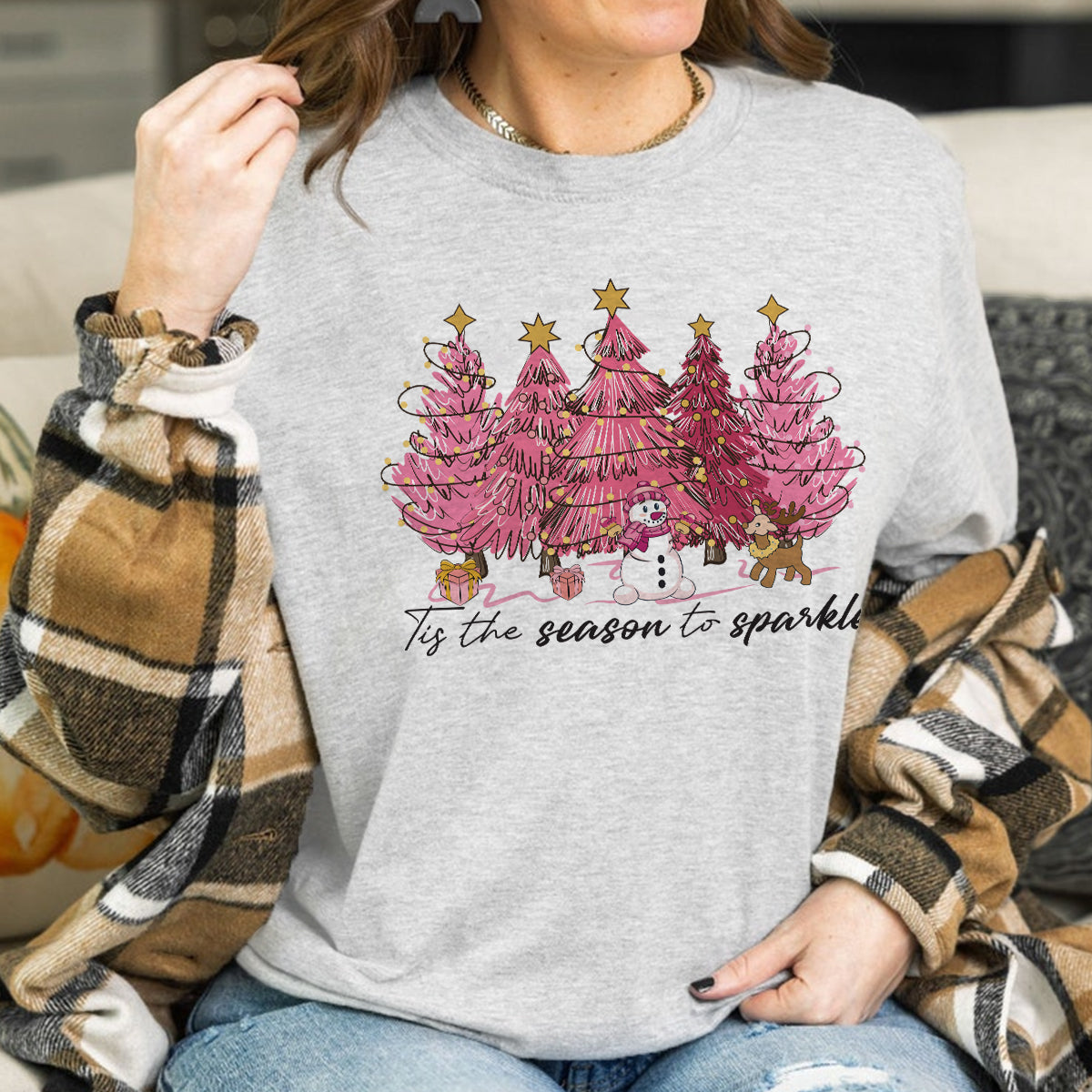 Teesdily | Pink Christmas Tree Snowman Christmas Shirt, Tis The Season To Sparkle Tee Sweatshirt Hoodie Mug, Christmas Gift