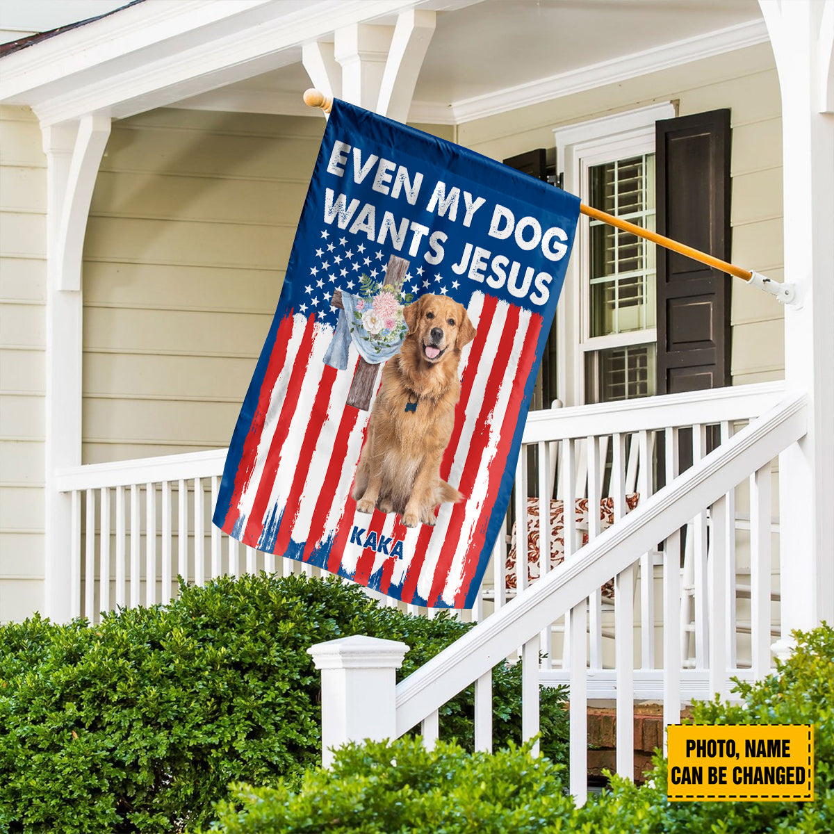 Teesdily | Customized Golden Retriever American Flag Home, Even My Dog Wants Jesus Garden Flag, Patriot 4th Of July House Flag Decor, Dog Lover Gift