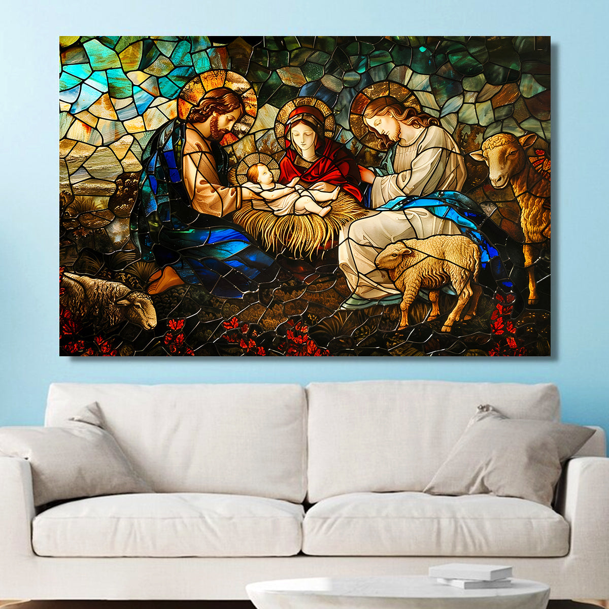 Teesdily | Jesus Nativity Christian Art Poster, Christmas Nativity Jesus Stained Glass Printed Poster, Catholic Art Canvas Wall Decor, God Lover Gift