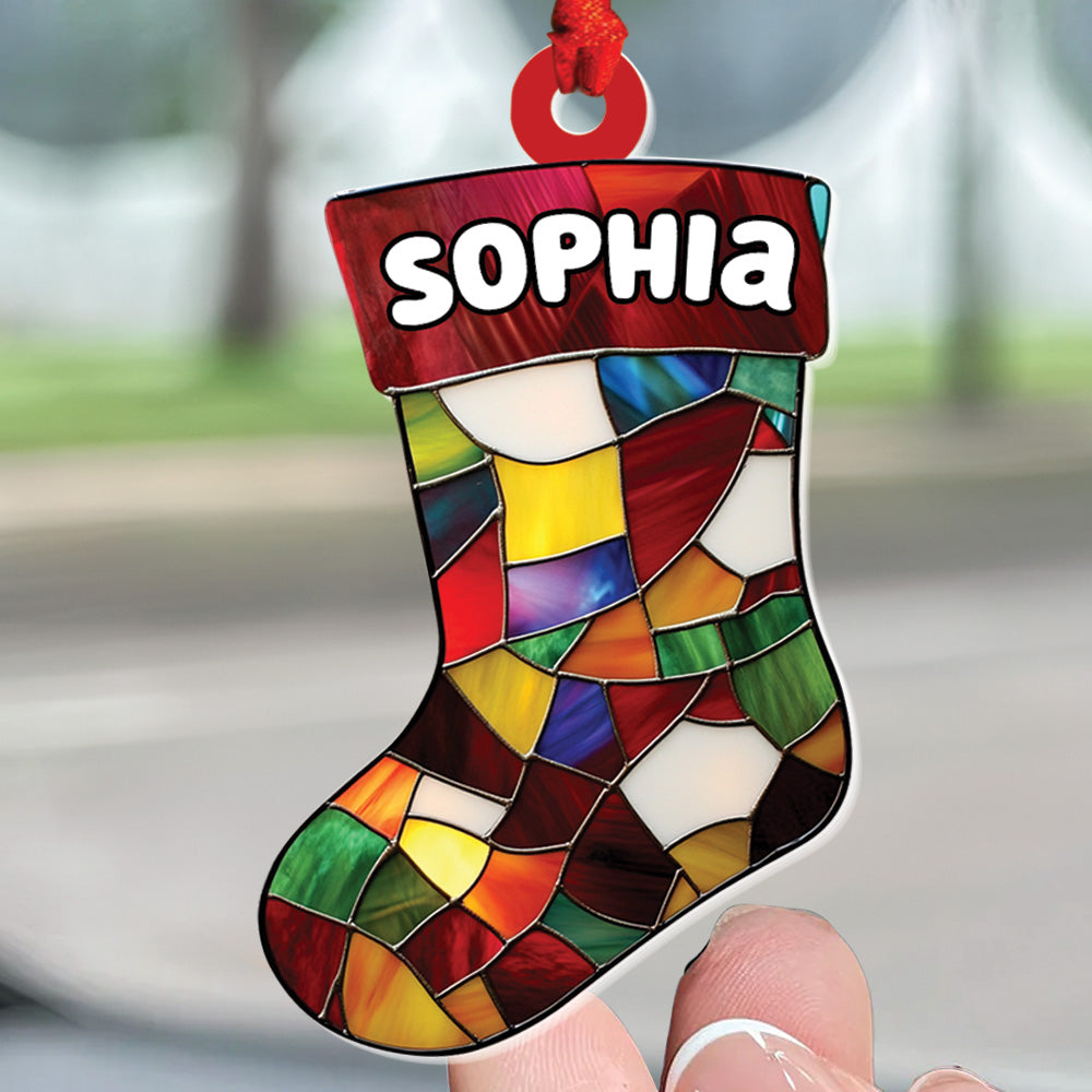 Teesdily | Customized Christmas Stockings Ornament, Stocking Stained Glass 2D Ornament, Christmas Tree Decoration, Christmas Gift