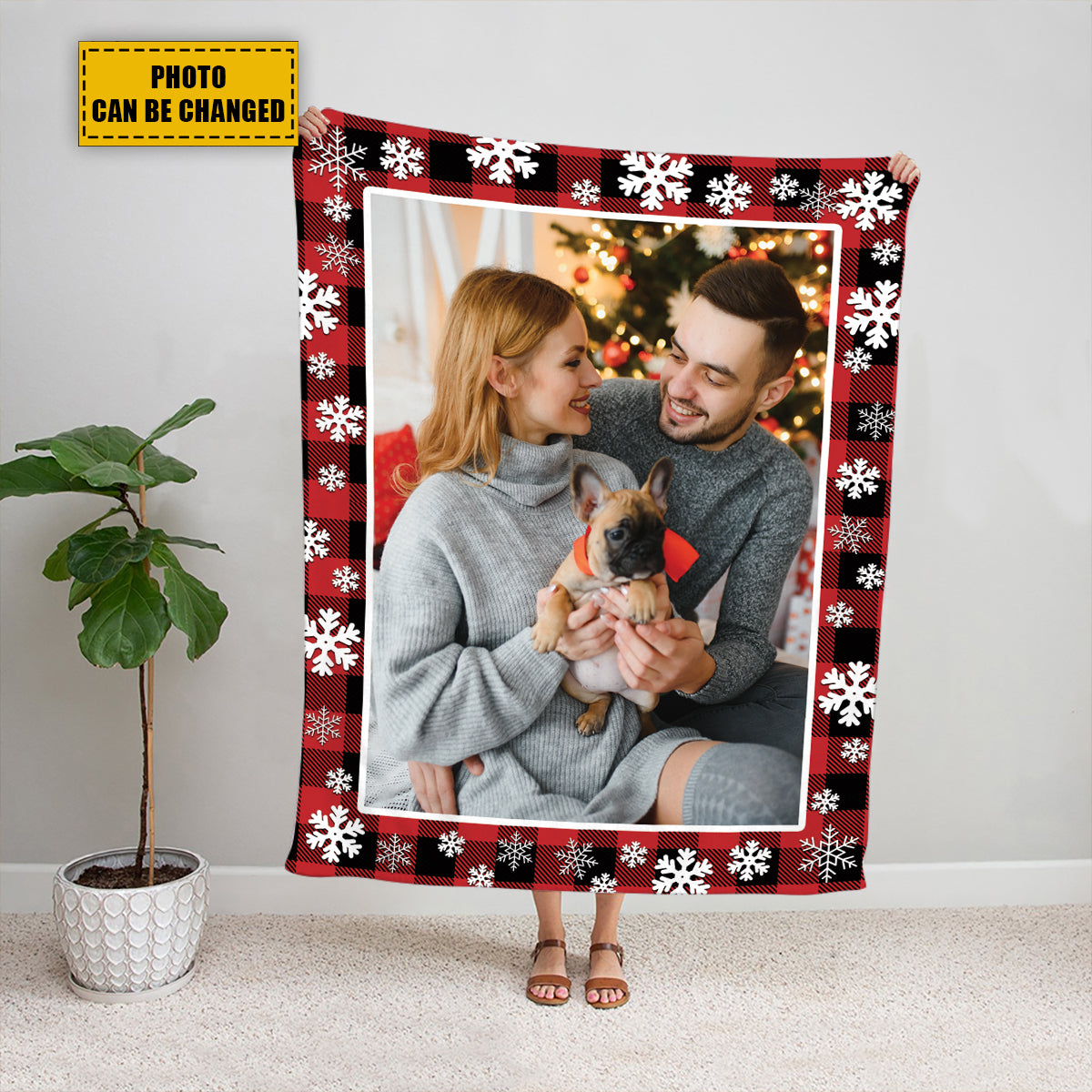 Teesdily | Christmas Customize Blankets With Photos, Xmas Snowflake Plaid Custom Blanket With Picture, Christmas Keepsake Photo Blanket Gifts