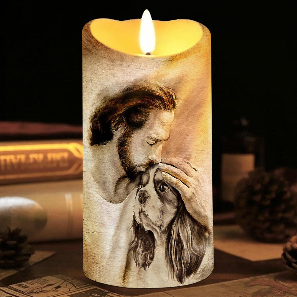 Teesdily | Customized Jesus With Dogs Memorial Led Candle, Pet Sympathy Gift, Dog Mom Gift, Memorial Dog Led Candle