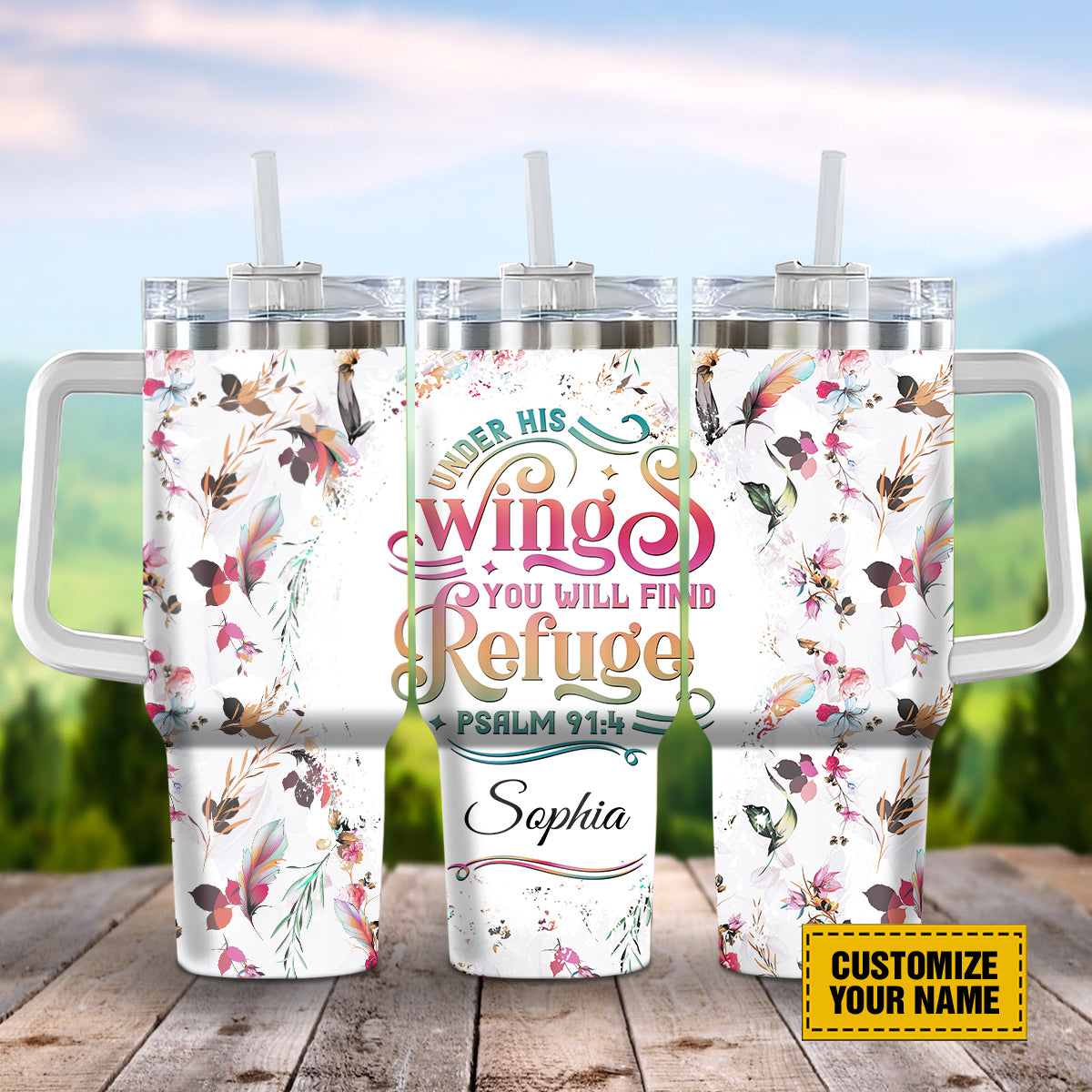 Teesdily | Customized Feather Pattern Tumbler With Handle, Under His Wings You Will Find Refuge Tumble Cups, God Inspiration 40oz Insulated Tumbler