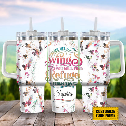 Teesdily | Customized Feather Pattern Tumbler With Handle, Under His Wings You Will Find Refuge Tumble Cups, God Inspiration 40oz Insulated Tumbler