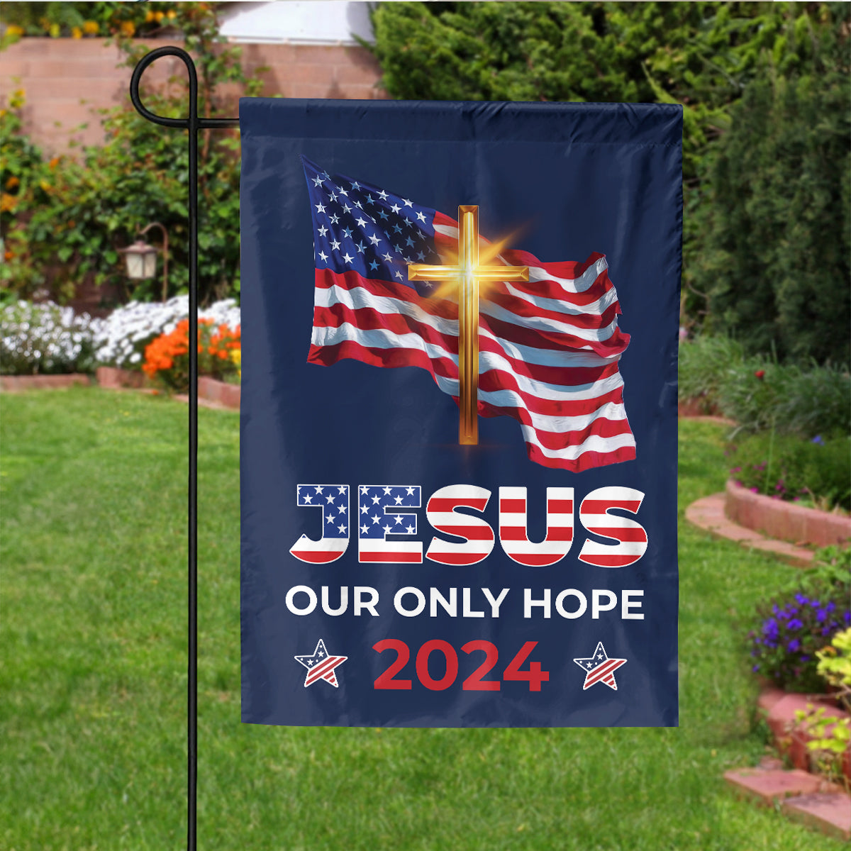 Teesdily | Jesus Cross American Flag, Jesus Our Only Hope 2024 House Flag, American Garden Flag, Patriotic Home Decoration Gifts, Jesus Lovers Flag