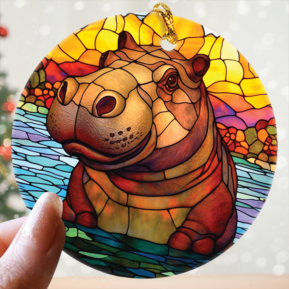 Teesdily | Stained Glass Art Hippo Ceramic Ornament, Hippopotamus Christmas Ornament, Xmas Gift Ornament, Cute Baby Hippo Gift