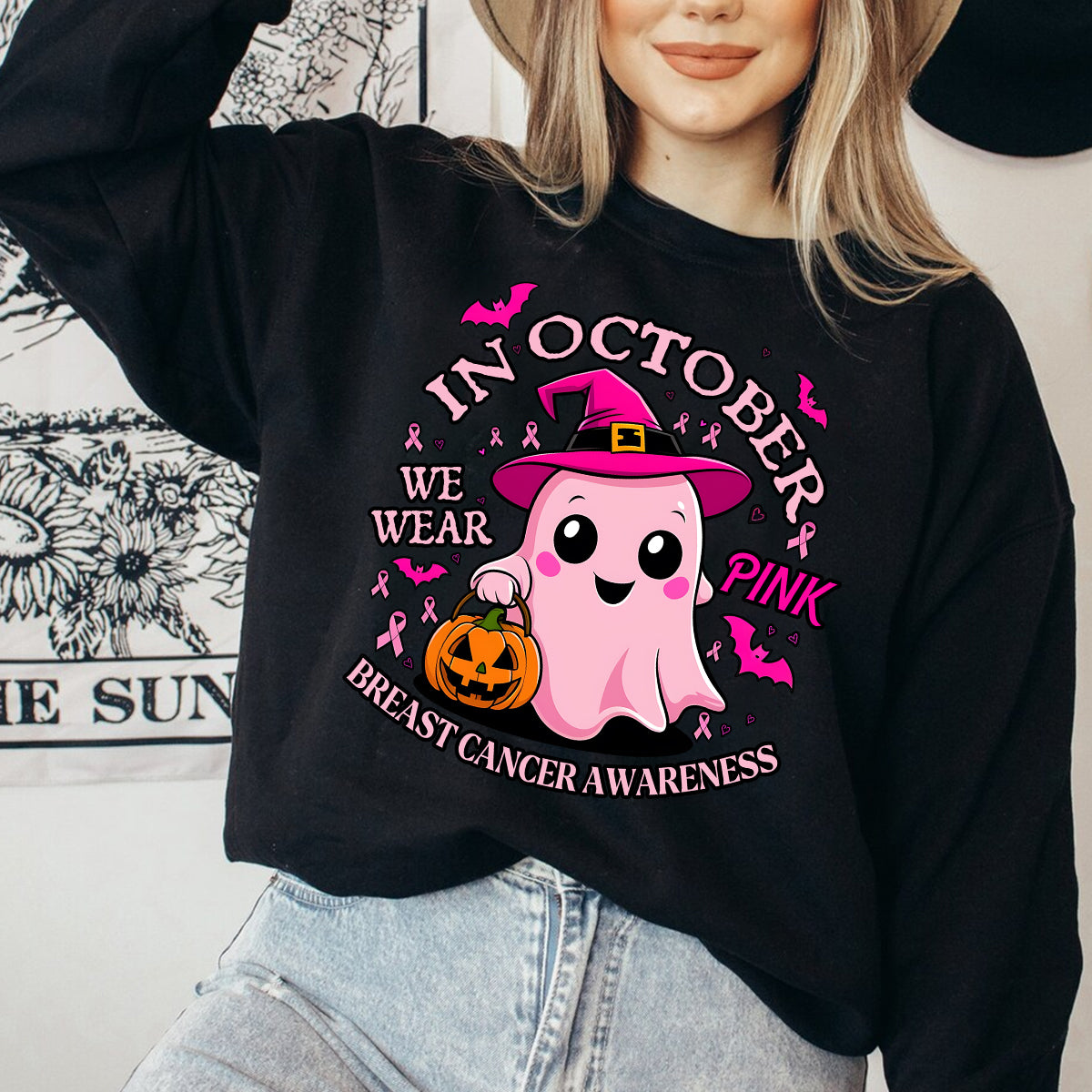 Teesdily | Cute Ghost Breast Cancer Awareness Shirt, In October We Wear Pink Tee Sweatshirt Hoodie Mug, Breast Cancer Support Warrior Gift