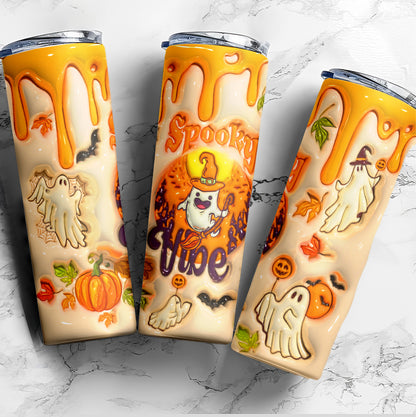 Teesdily | Halloween Spooky Vibes Ghost 3D Inflated Skinny Tumbler, Ghost Pumpkin Tumbler 20oz, Cute Ghost Tumbler Coffee, Happy Halloween Gifts