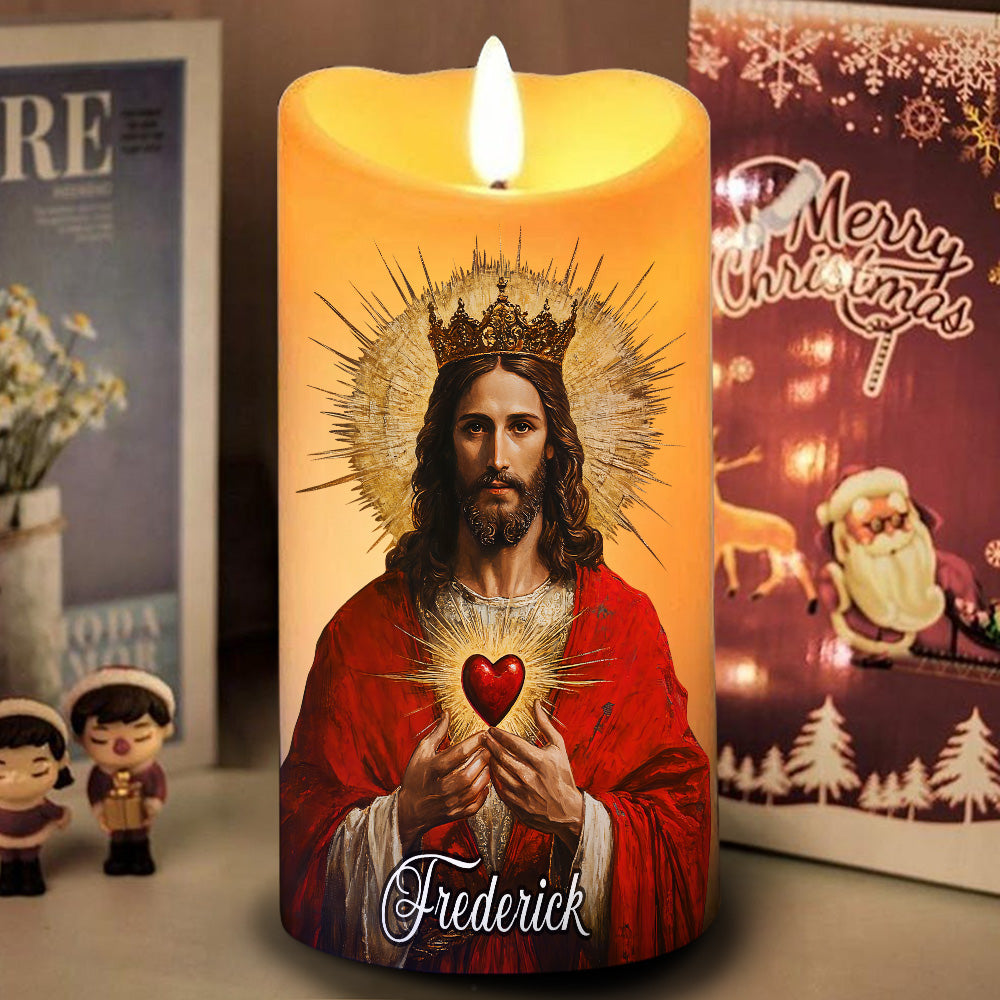 Teesdily | Custom Sacred Heart Of Jesus LED Candle No Battery, Jesus Prayer Cross Flower Candle, Religious Christmas Light Gift