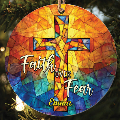 Teesdily | Customized Jesus Cross Stained Glass Print Ornament Christmas, Faith Over Fear Christian Art Ornament Religious Gift