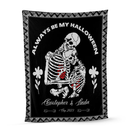 Teesdily | Skeleton Couple Custom Name Blanket Skeleton Halloween Throw Blankets Customized Commemorate Date Blanket Spooky Skull Decor Custom Gifts