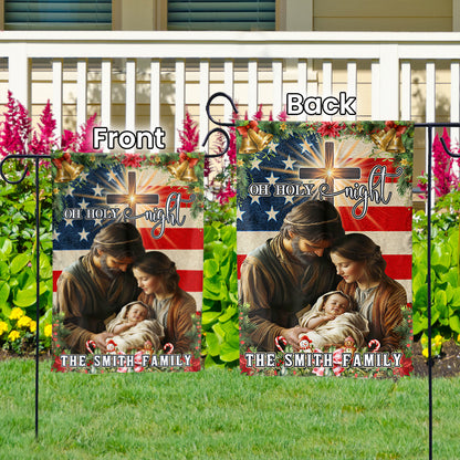 Teesdily | Customized Nativity Of Jesus Holy Family American Flag House, Oh Holy Night Christmas Garden Flag Decoration Yard