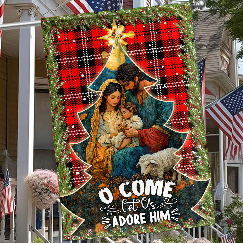 Teesdily | Holy Family Nativity Jesus Christmas Flag, O Come Let Us Adore Him Holy Night Garden Flag House Christmas Gift