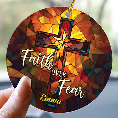 Teesdily | Customized Jesus Cross Stained Glass Print Ornament Christmas, Faith Over Fear Christian Art Ornament Religious Gift