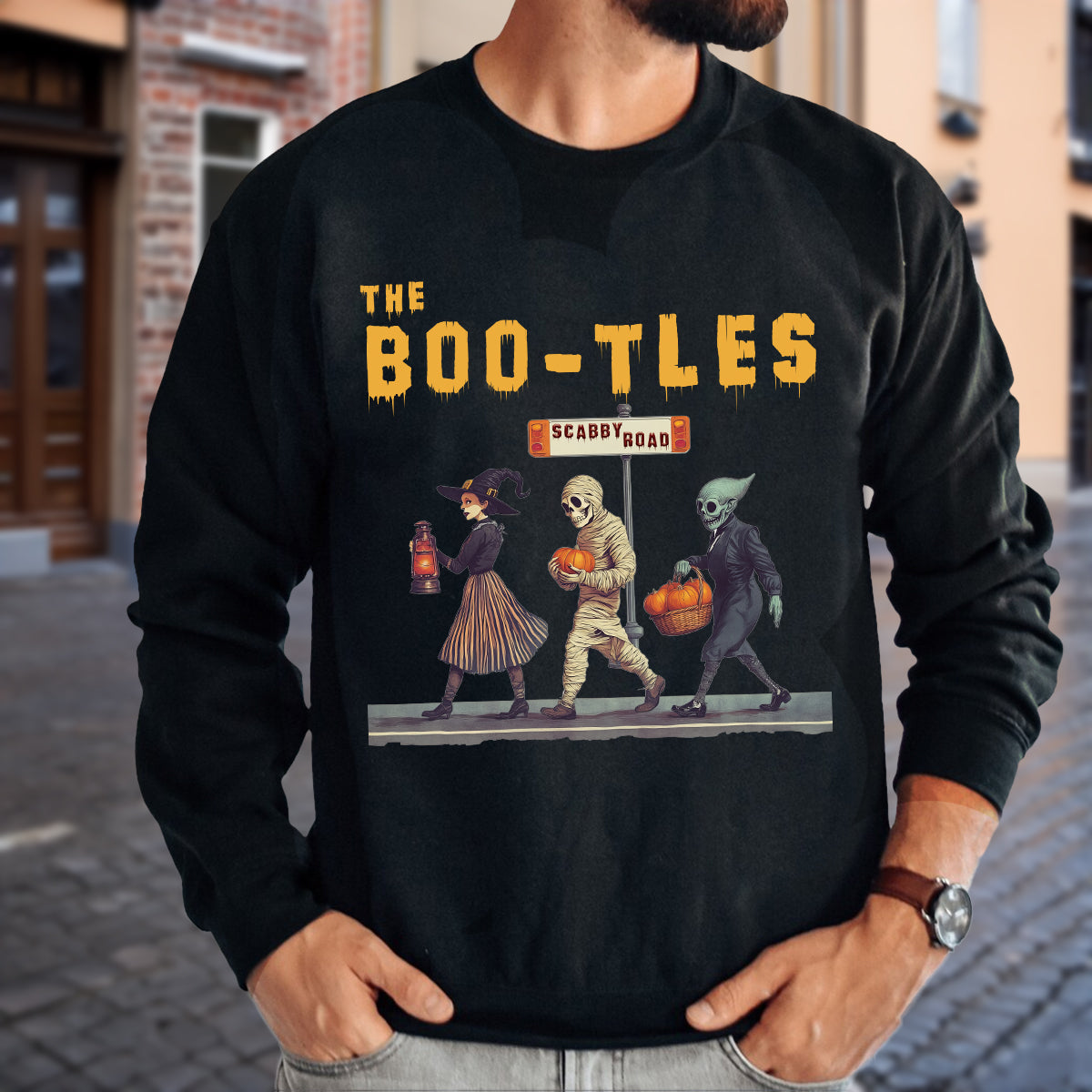 Teesdily | The Boo-tles Shirt, Retro Halloween Ghost Sweatshirt, Scabby Road Witchy Hoodie Mug, Spooky Season Skeleton Pumpkin Halloween Boo Gift