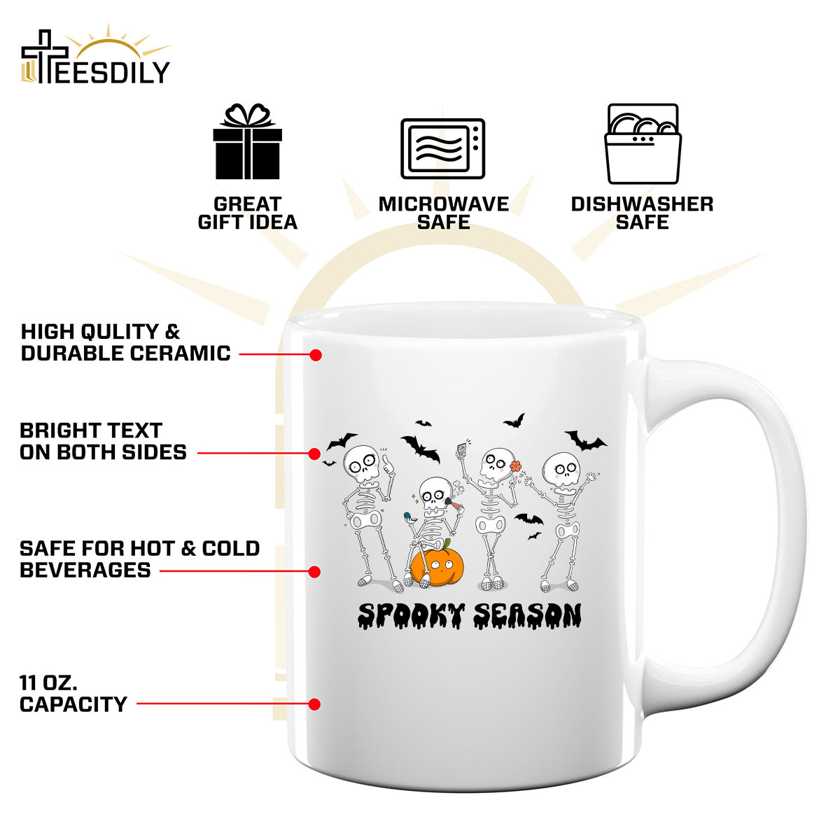 Teesdily | Funny Skeleton Halloween Shirt, Spooky Season Sweatshirt Hoodie Mug, Pumpkn Bat Skeleton Dancing Fall T-shirt, Gift For Halloween Holiday