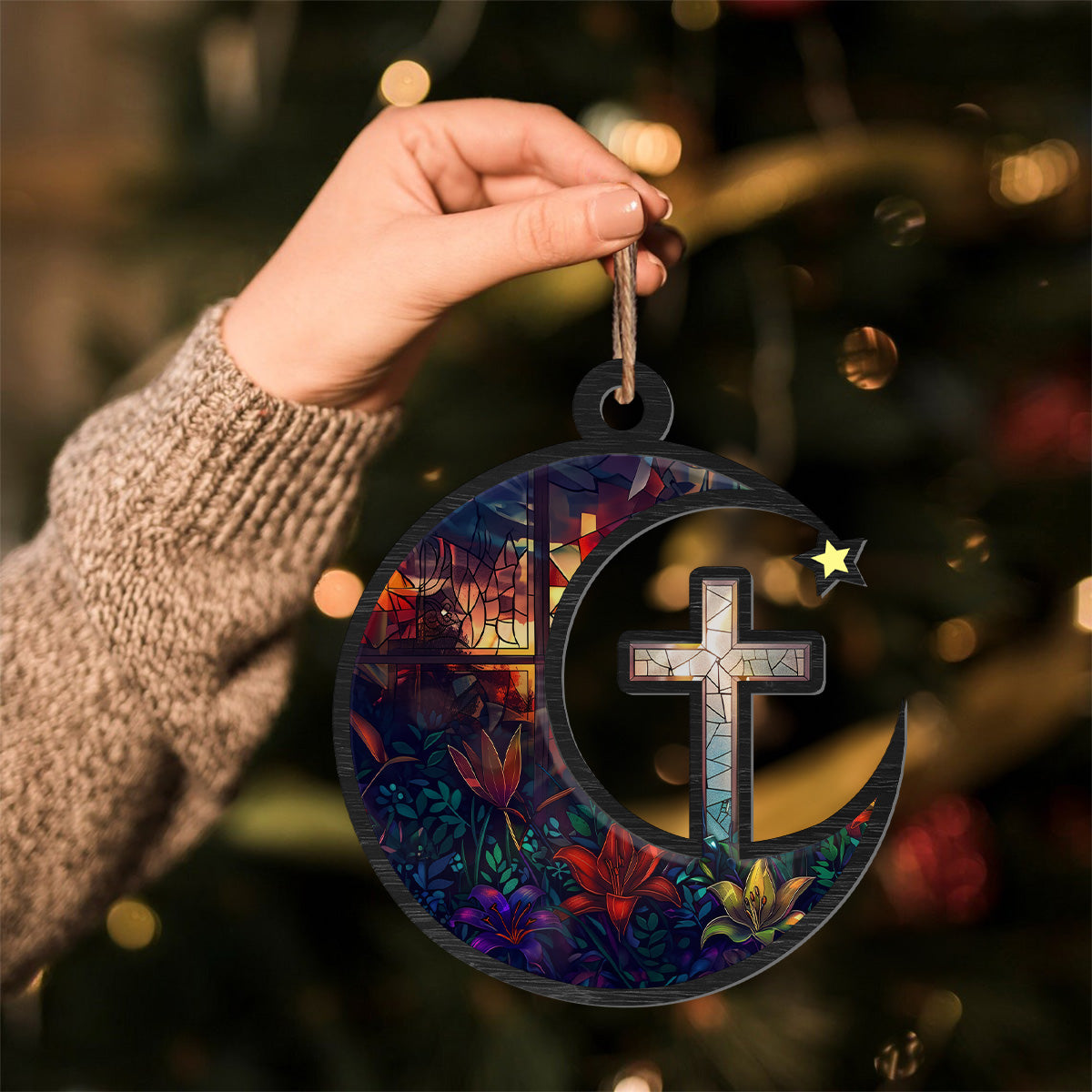 Teesdily | Stained Glass Jesus Cross Suncatcher Ornament, Christian Cross Suncatcher Acrylic Car Hanging Ornament, Christian Christmas Decoration