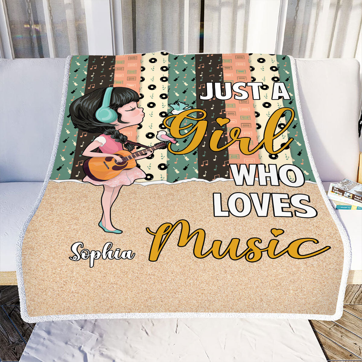 Teesdily | Music Girl Personalized Name Fleece Blanket Just A Girl Who Loves Music Sofa Blanket Birthday Holiday Gift For Daughter Sister Friends