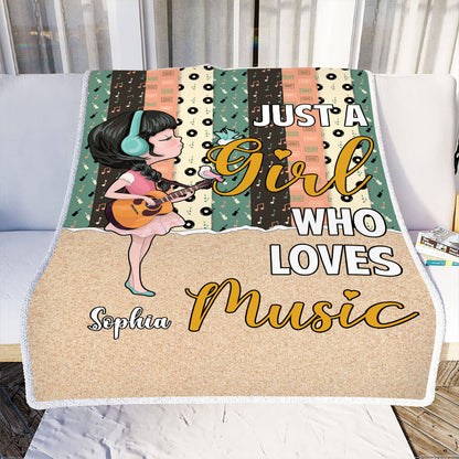 Teesdily | Music Girl Personalized Name Fleece Blanket Just A Girl Who Loves Music Sofa Blanket Birthday Holiday Gift For Daughter Sister Friends