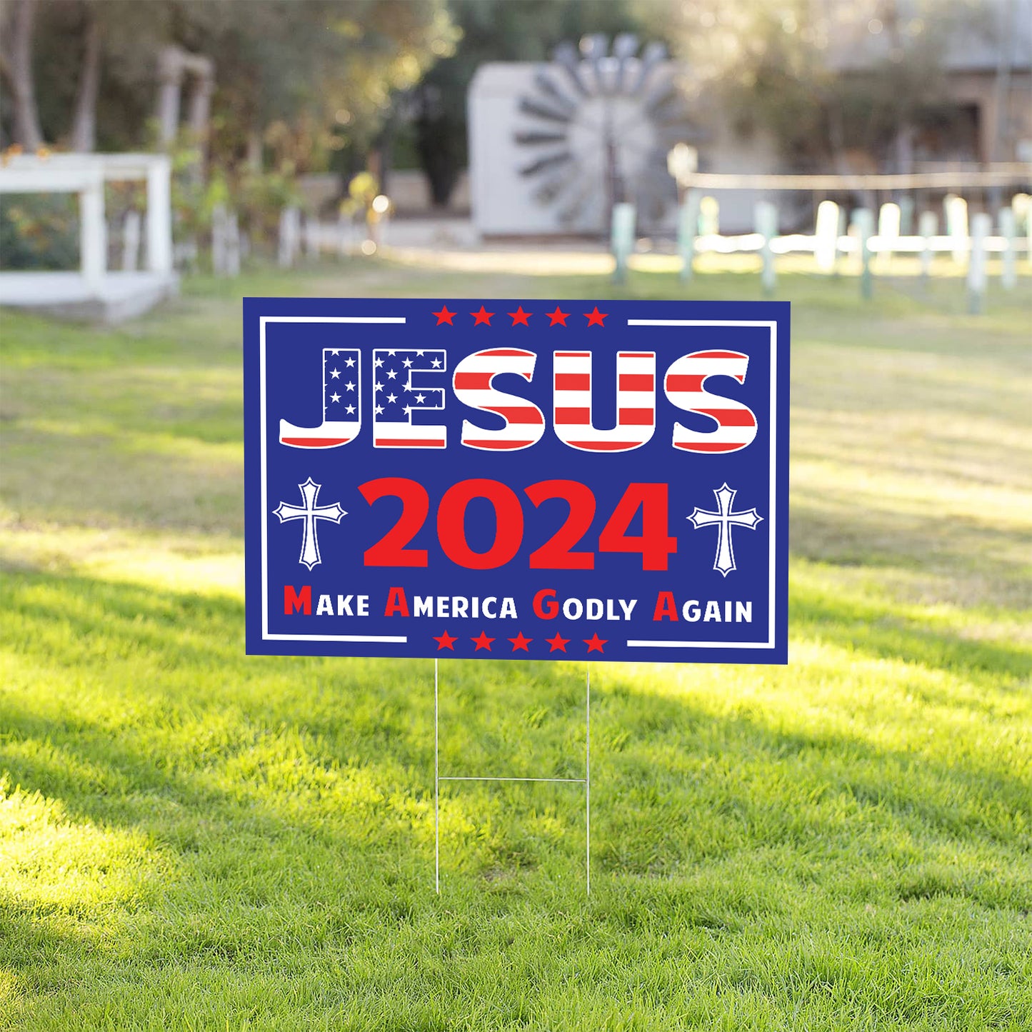 Teesdily | Jesus Cross Yard Sign, Christ 2024 Make American Godly Again Garden Outdoor Sign, American Flag Lawn Sign, Jesus Yard Decor, Patriot Gift