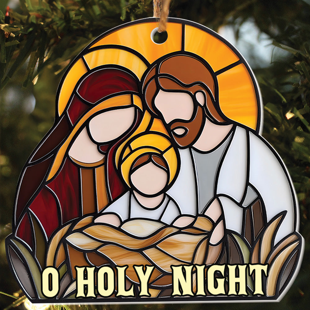 Teesdily | Jesus O Holy Night Christmas Ornament, Jesus Christ Nativity Stained Glass Print Ornament 2D, Holy Family Ornament Xmas