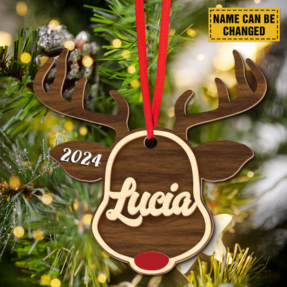 Teesdily | Customized Reindeer Rudolph Christmas Ornament, Family Name Deer Horn 2 Layered Wooden Ornaments, Home Decor 2024 Gift