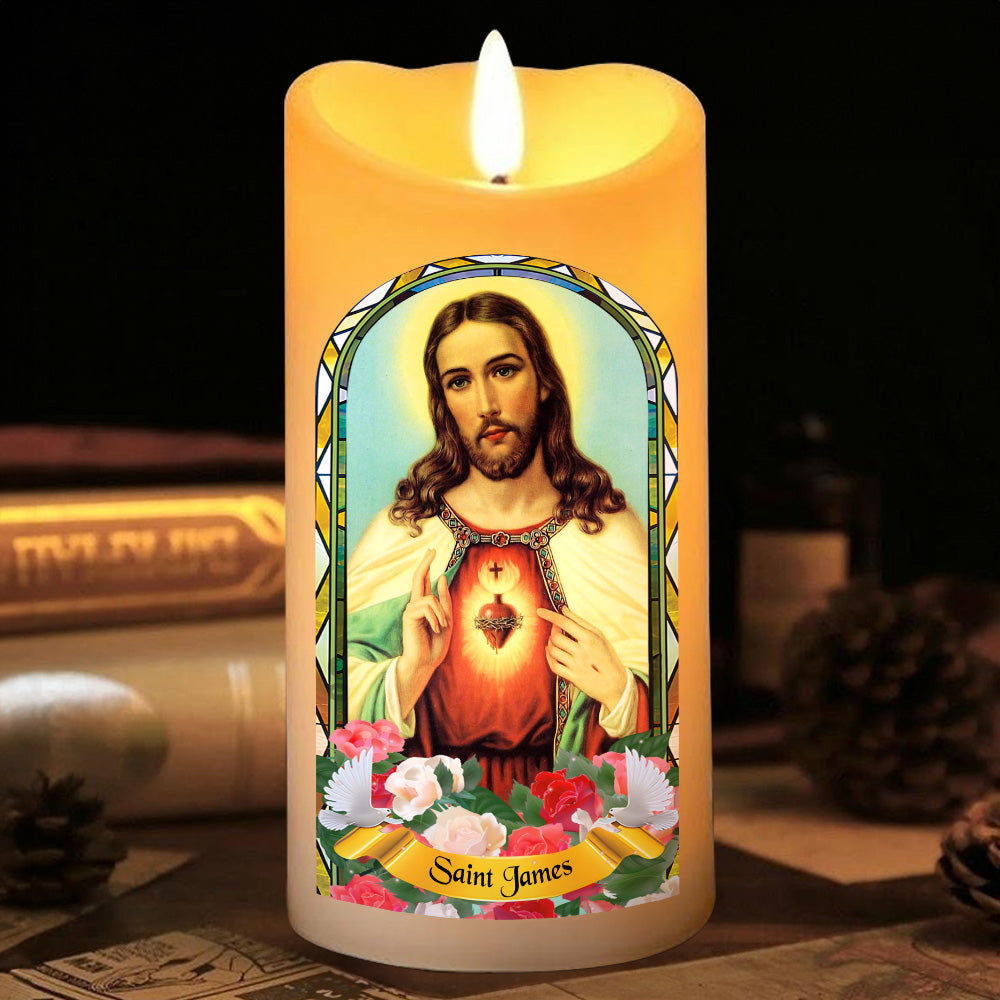 Teesdily | Customized Jesus Scared Heart Led Candle, Saint Gift Christmas Flameless Candle Xmas Gift, Jesus Christian Lover Gift