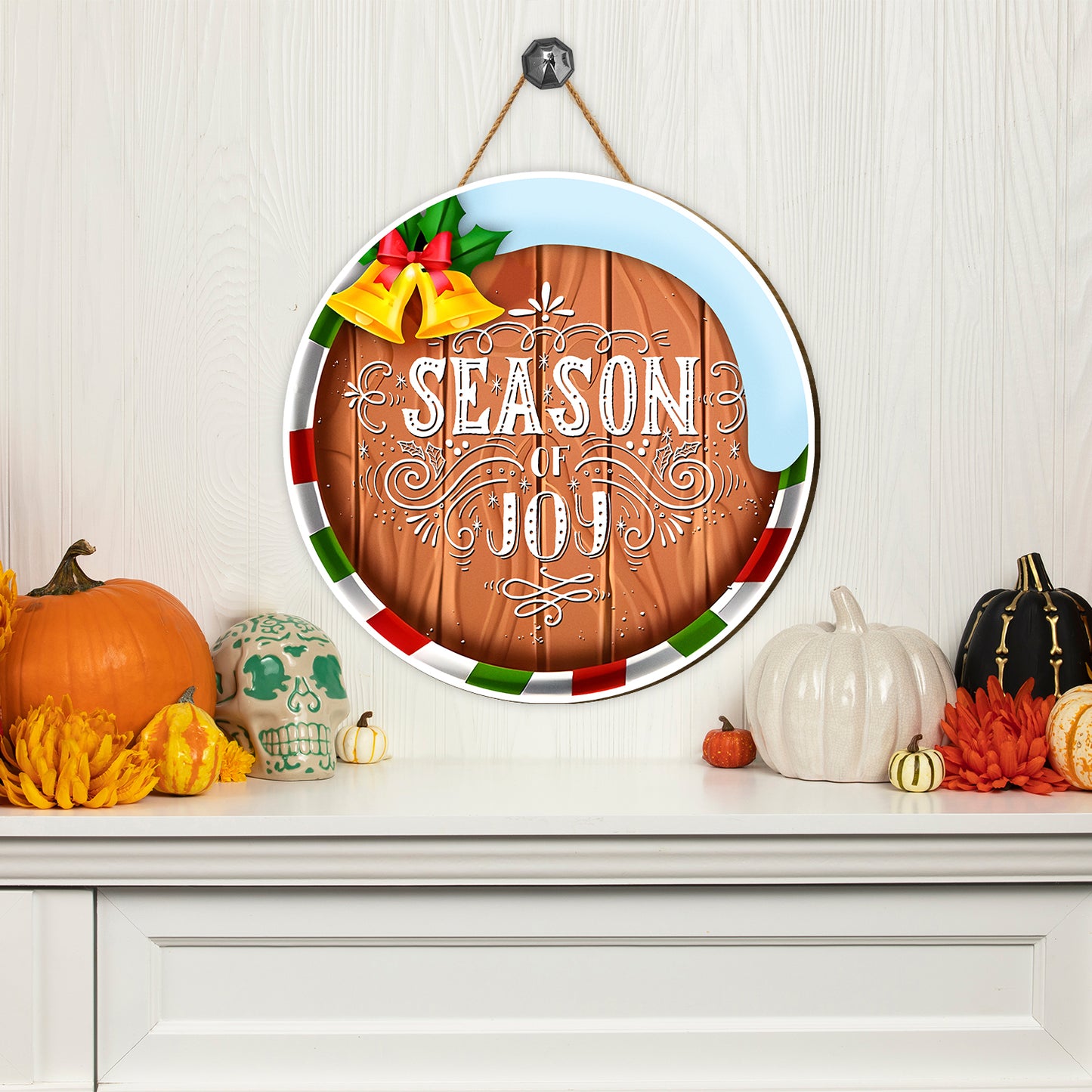 Teesdily | Christmas Front Door Sign, Season Of Joy Christmas Wooden Sign, Christmas Home Seasonal Decor, Merry Xmas Welcome Front Door Sign