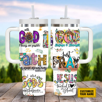 Teesdily | Customized Jesus God Affirmation Insulated Tumbler, Just Pray Jesus Touched My Heart Stainless Steel Cup, Christian Gift For Girls Women