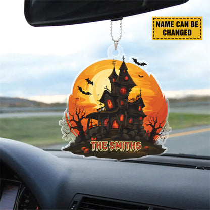 Teesdily | Customized Halloween Haunted House Ornament Car Hanger Rear View Mirror, Pumpkin Bat Spooky Halloween Decor, Holiday Halloween Gifts