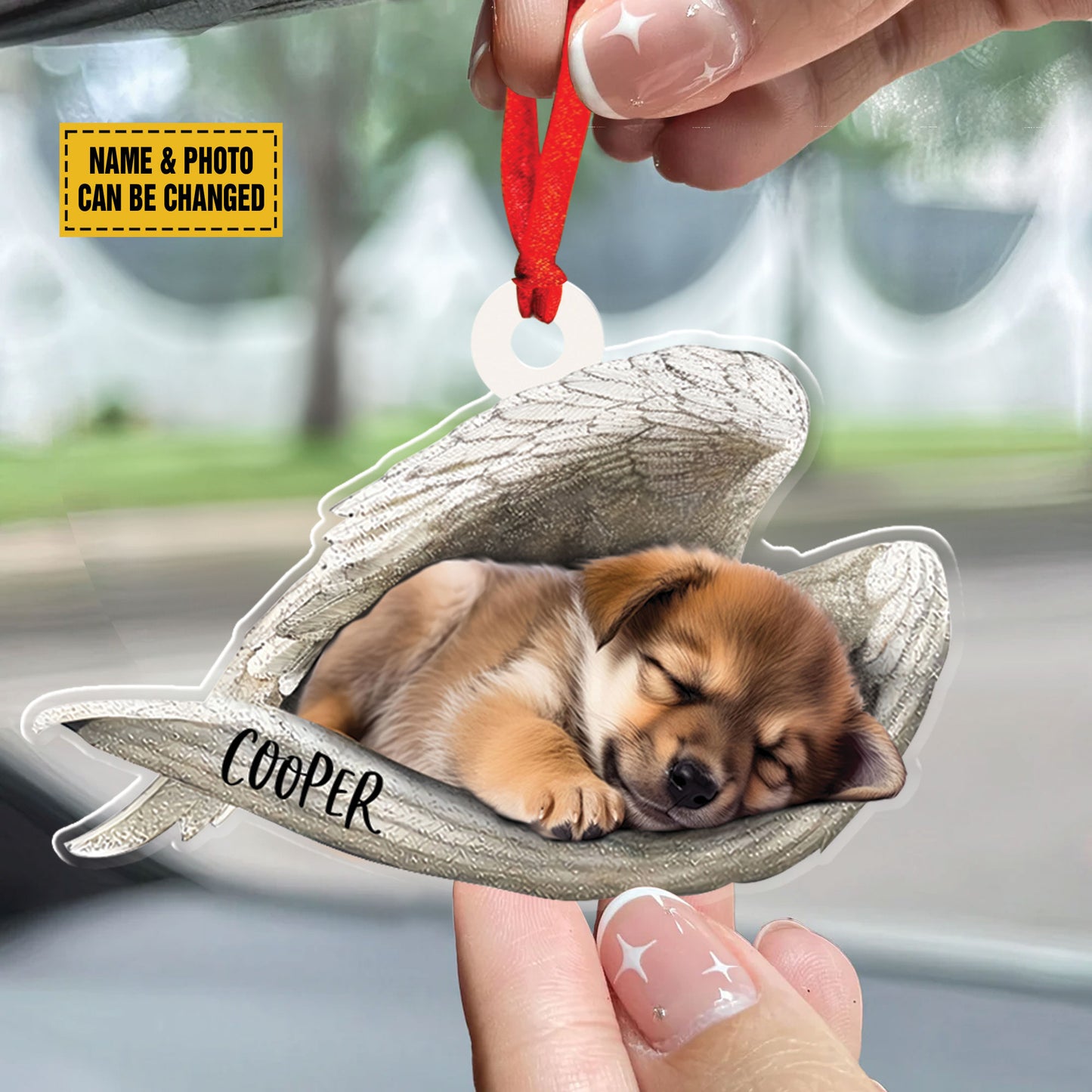 Teesdily | Personalized Photo Pet Loss Memorial Ornament Car Hanger, Sleeping Pet Within Angel Wings Plastic Ornament, Loss Pet Gifts, Dog Lovers Gift