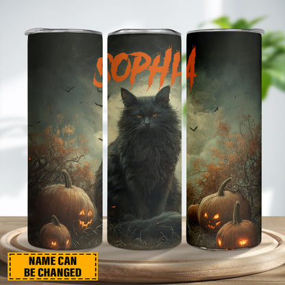 Teesdily | Customized Black Cat Pumpkin Skinny Tumbler 20oz, Halloween Cat Tumbler, Cute Halloween Cat Mug, Pumpkins Cat Tumbler, Cat Lover Gift