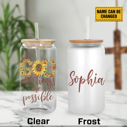 Teesdily | Customized Jesus Sunflower Glass Can With Straw, With God All Things Are Possible Mug Coffee, Christ Frosted Glass Can, Christian Art Gift