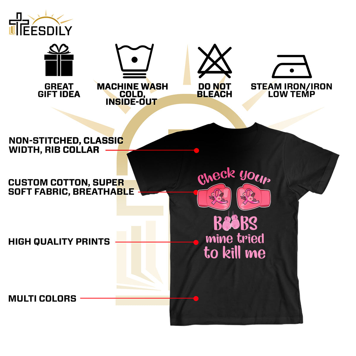 Teesdily | Check Your Boobs Mine Tries To Kill Me Shirt, Breast Cancer Sweatshirt, Cancer Awareness Pink Ribbon Hoodie Mug, Cancer Survivor Gifts