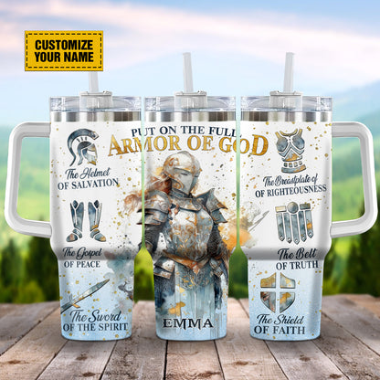 Teesdily | Personalized Full Armor Of God 40oz Water Tumbler With Straw, Warrior Woman Christian Insulated Tumbler With Handle, Daughter Of God Gifts