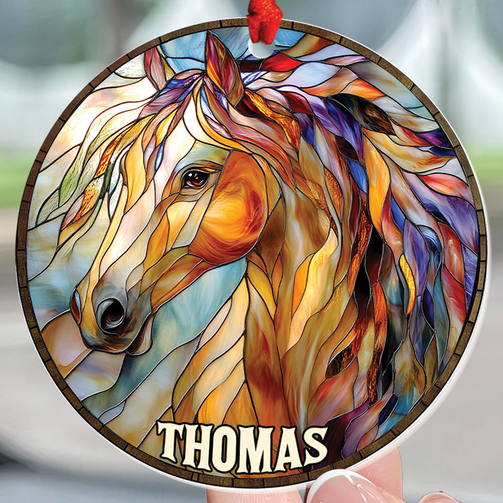 Teesdily | Personalized Horse Ornament, Christmas Horse Stained Glass Printed 2D Ornament, Horse Lover Gift Christmas Decor