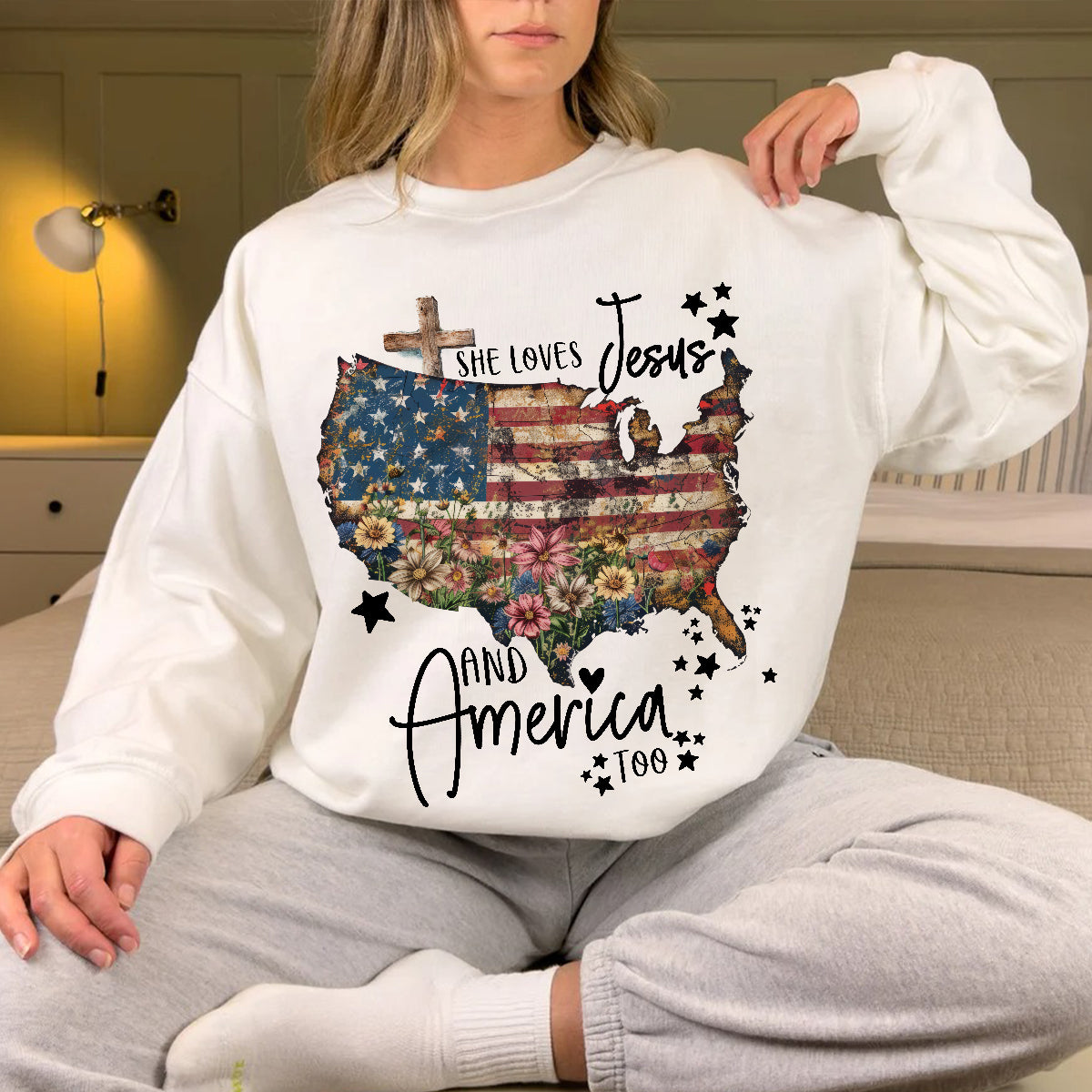 Teesdily | Jesus American Flag Flower Cross Shirt, She Loves Jesus And America Too Sweatshirt, US Pride Patriot Hoodie, Independence Day Gifts