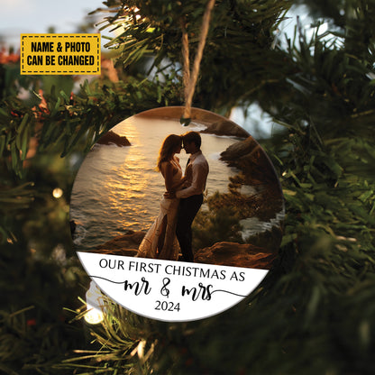 Teesdily | Personalized Photo First Christmas As Mr & Mrs Ornament 2024, Engagement Photo Ornament, 1st Anniversary Wedding Gift, In Memory Ornament