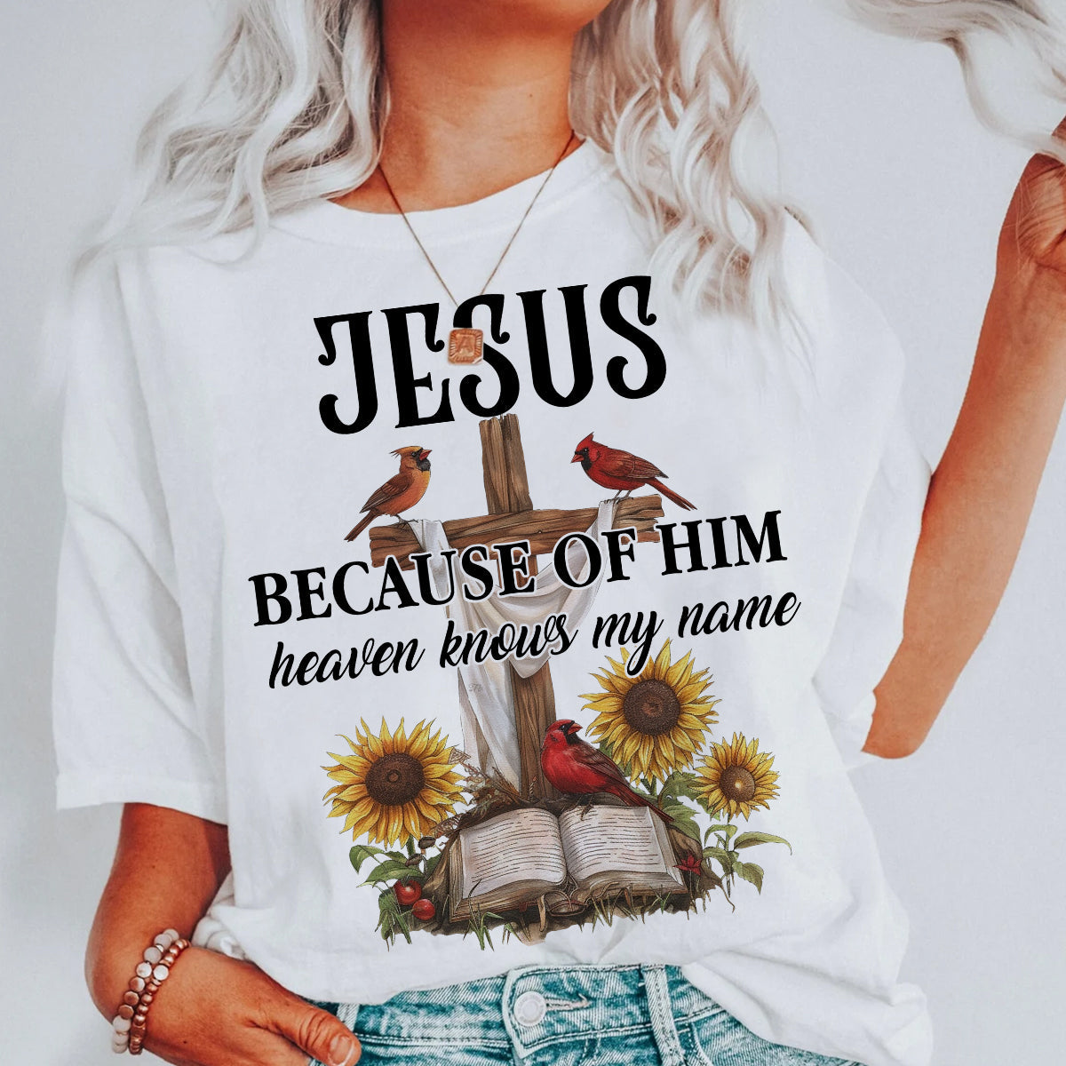 Teesdily | Jesus Christ Cardinal Shirt, Because Of Him Heavens Knows My Name Shirt, Christian Gift, God Believers Unisex Tshirt Hoodie Sweatshirt Mug