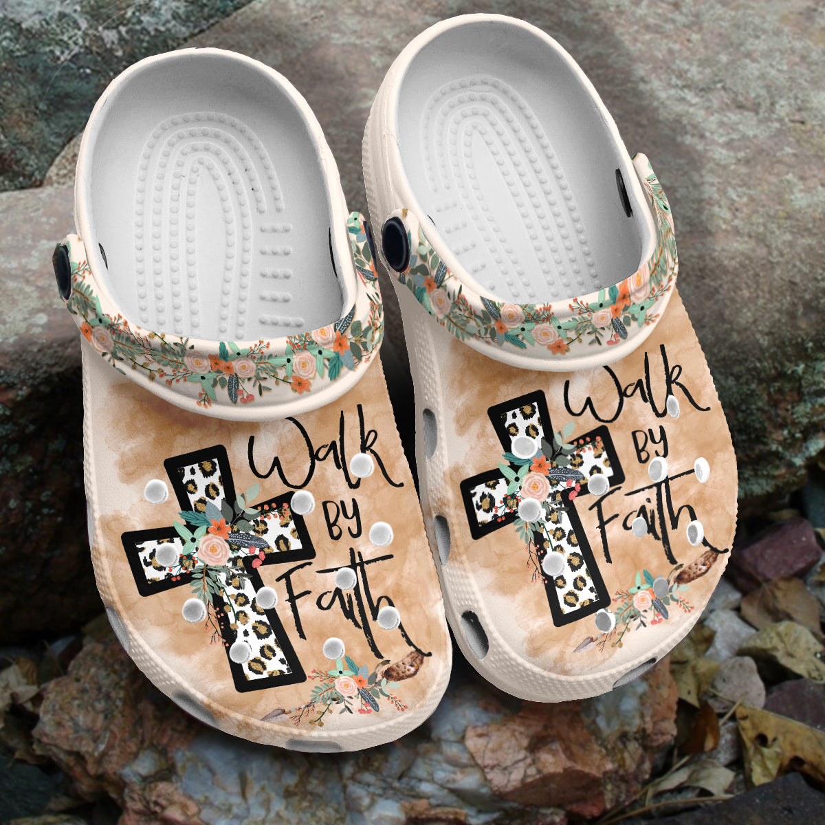 Teesdily | Jesus Walk By Faith Backstrap Clogs Jesus Cross Leopard Print Classic Clogs God Cross Floral Clogs Religious Kid And Adult Eva Clog