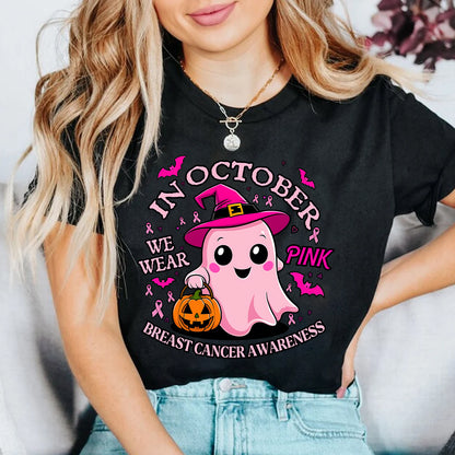 Teesdily | Cute Ghost Breast Cancer Awareness Shirt, In October We Wear Pink Tee Sweatshirt Hoodie Mug, Breast Cancer Support Warrior Gift