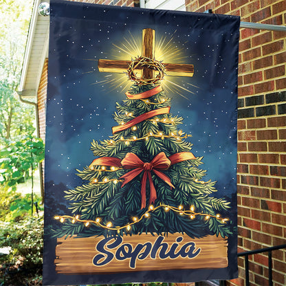 Teesdily | Customized Jesus Christmas Tree Flag, Christ Cross Light Garden Flag, Christmas Bow Religious House Flag Yard Decor