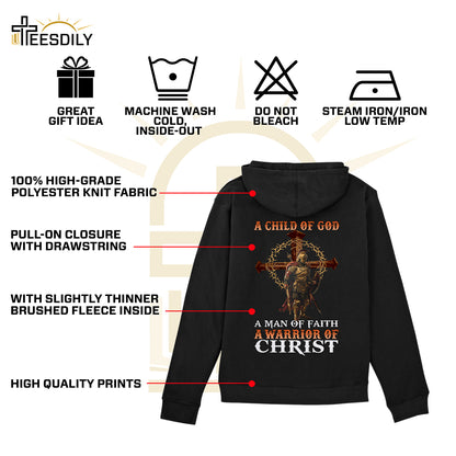 Teesdily | Jesus Warrior Man Shirt, A Child Of God A Man Of Faith A Warrior Of Christ Hoodie Sweatshirt Mug, Christian Shirt Back Design, Jesus Gifts