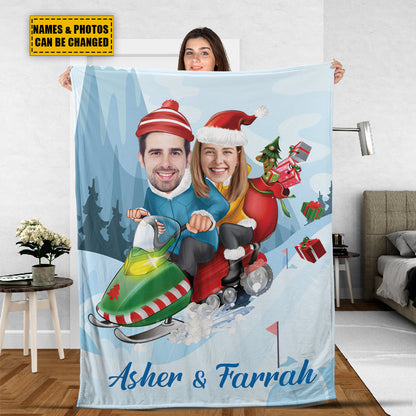 Teesdily | Couple Christmas Customize Blankets With Photos, Christmas Sled Couple Funny Sherpa Blanket, Wife Husband Customize Blanket, Xmas Gifts