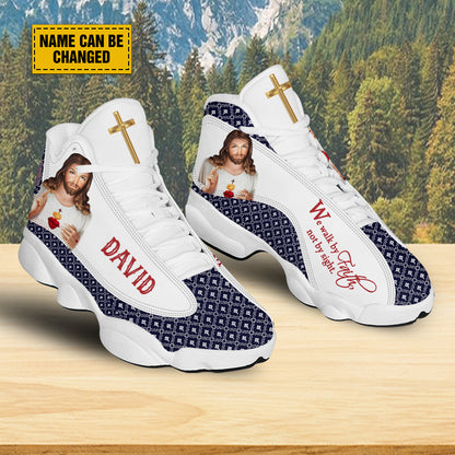 Teesdily | Customized Jesus Art Basketball Shoes, We Walk By Faith Not By Sight Running Shoes, Unisex Shoes With Thick Sole