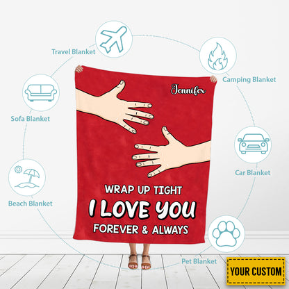 Teesdily | Personalized Hand Hugging Fleece Blanket, Wrap Up Tight I Love You Throw Blanket, Personalized Custom Warm Sofa Blanket, Gift For Lovers