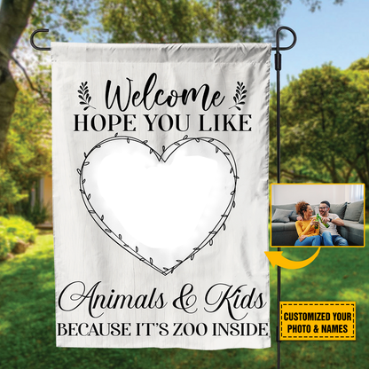 Teesdily | Couple Custom Photo Garden Flag Welcome Hope You Like Animals And Kids House Flag Couple Family Home Garden Flag Outdoor Decoration