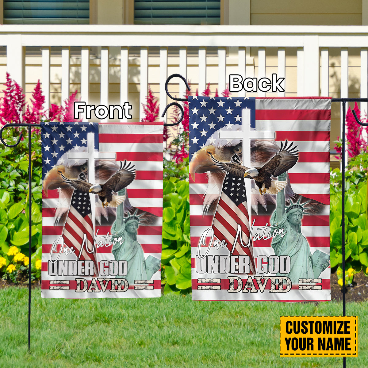 Teesdily | Customized American Eagle Garden Flag, Statue Of Liberty Jesus Cross House Flag, One Nation Under God Outdoor Flag, Independence Day Gifts