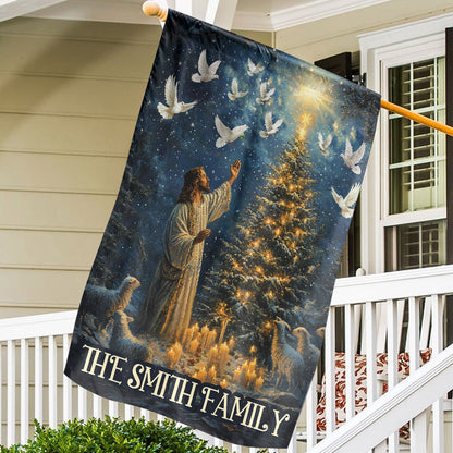 Teesdily | Custom Jesus Lamb Christmas Tree Garden Flag, Jesus Christ Candle Light Bird House Flag, Christmas Gift Religious