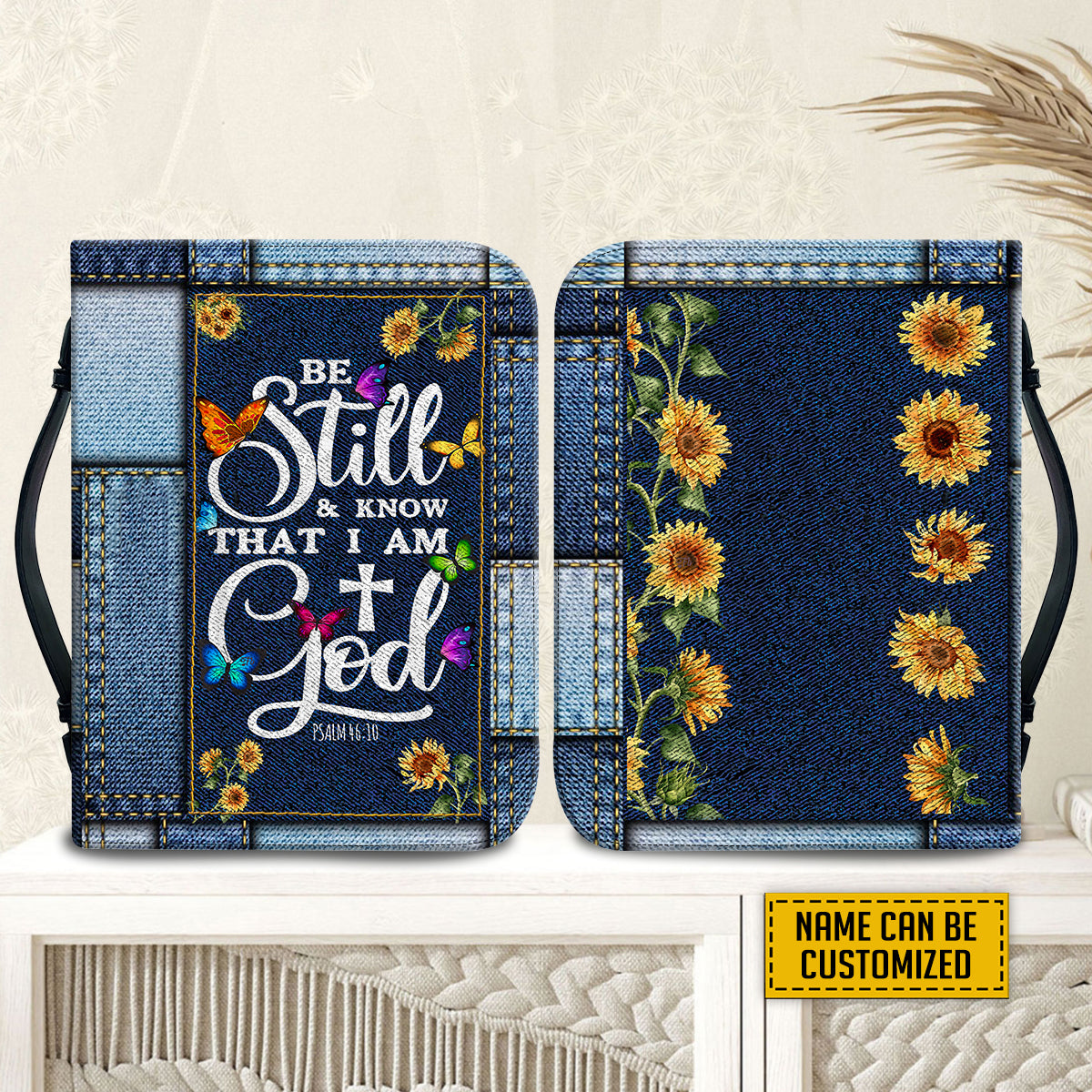 Teesdily | Sunflower Jean Print Personalized Bible Cover, Be Still And Know That I Am God Bible Cases, Christian Women Gifts, Bible Cover With Handle